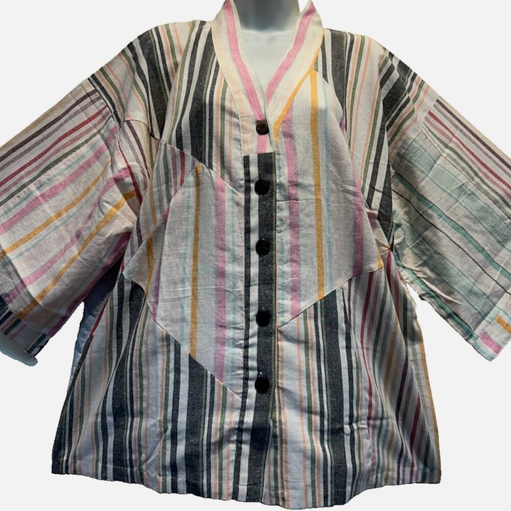 SACRED THREADS striped patch funky hippy button kimono TOP BLOUSE 2X